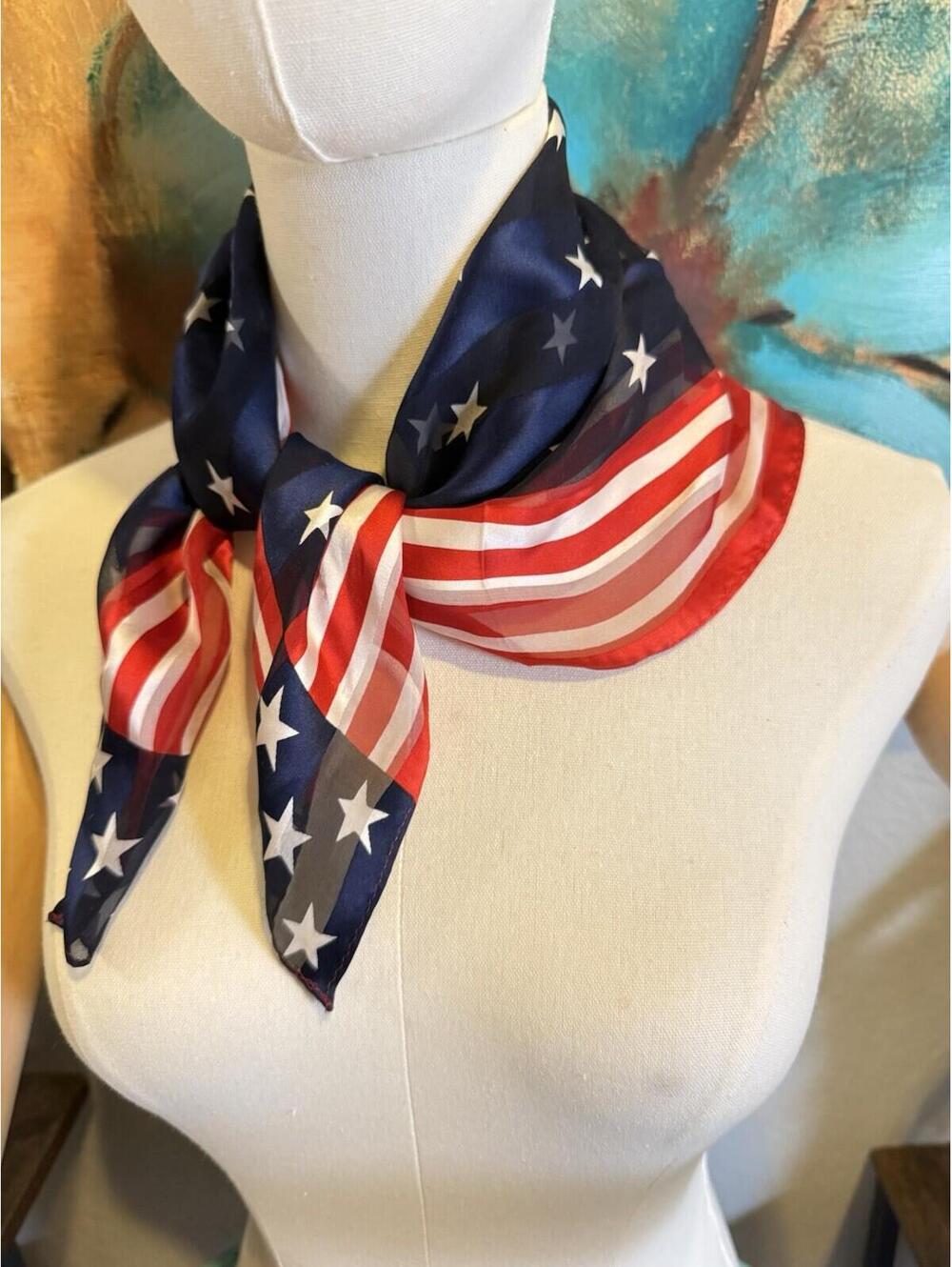 VTG Echo 100% Silk Scarf American Flag Stars Stripes Patriotic 21" Square USA